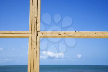 Royalty Free Photo of Ocean and Sky Behind New Construction Framed Window
