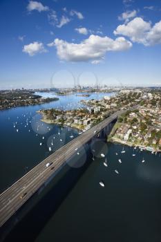 Royalty Free Photo of an Aerial View of Victoria Road Bridge and Boats in Sydney, Australia