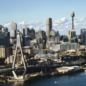 Royalty Free Photo of an Aerial View of Anzac Bridge and Buildings in Sydney, Australia