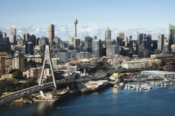 Aerial view of Anzac Bridge and downtown buildings in Sydney, Australia.