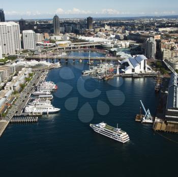Royalty Free Photo of an Aerial View of Ships and Boats in Darling Harbour in Sydney, Australia