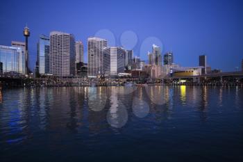 Royalty Free Photo of Skyscrapers and Darling Harbour at Dusk in Sydney, Australia