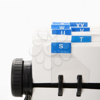 Royalty Free Photo of a Detail of a Rolodex With Blue Tabs