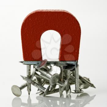 Royalty Free Photo of a Red Magnet Holding Metal Nails