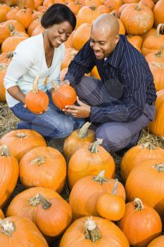 Royalty Free Photo of a Couple Picking Out Pumpkins and Smiling at an Outdoor Market