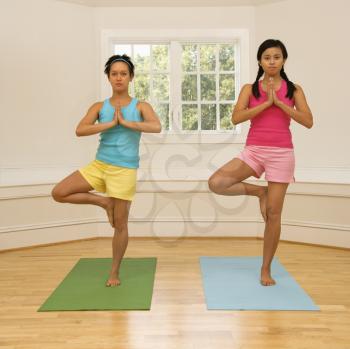 Royalty Free Photo of Two Young Women Balancing Doing Yoga Tree Pose