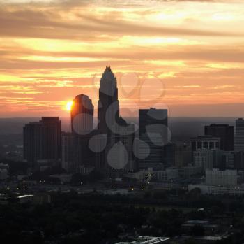 Royalty Free Photo of an Aerial View of Sunset Behind City Skyline of Charlotte, North Carolina