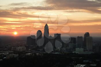 Aerial view of sunset behind city skyline of Charlotte, North Carolina.