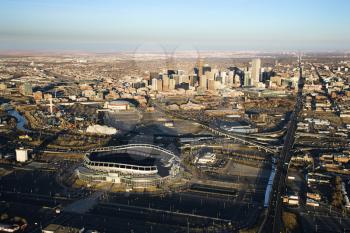 Royalty Free Photo of an Aerial Cityscape of Urban Denver, Colorado, With Mile High Stadium in Foreground