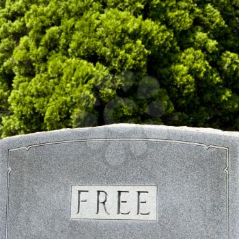 Royalty Free Photo of a Gravestone Against Trees With the Word 'Free' On It