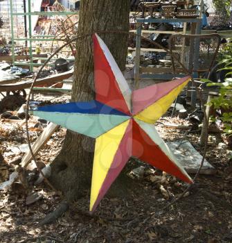 Royalty Free Photo of a Colorful Painted Star Leaning Against a Tree