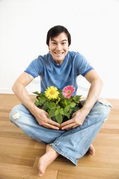 Asian man sitting holding pot of gerber daisies.