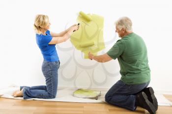 Royalty Free Photo of a Middle-Aged Couple Beginning to Paint a Wall Green Over a Drop Cloth