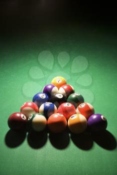 Racked pool balls on pool table. Vertical shot.