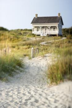 A sandy trail surrounded by brush leading up to a cottage on the beach. Vertical shot.