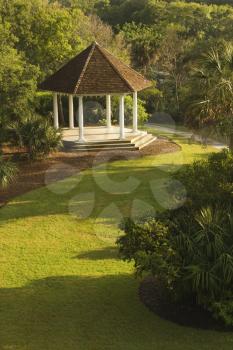 High angle view of a gazebo in park. Vertical shot.