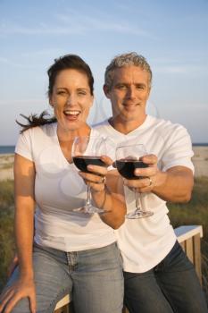 Couple drink red wine on the beach and toast to the camera. Vertical shot.