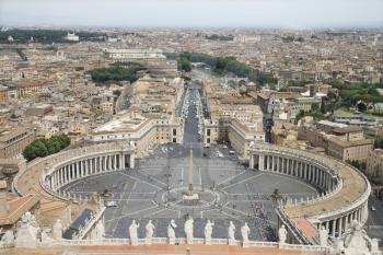 High angle view of St Peter's Square with skyline of Vatican City in the background. Horizontal shot.