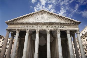 Low angle view of columns and front facade of the Pantheon. Horizontal shot.