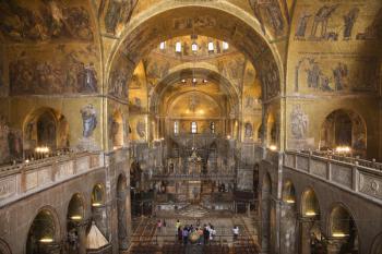 Low angle view of interior of cathedral at St Mark's Basilica. Horizontal shot.