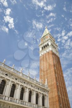 Bell tower and facade of St Mark's Basilica. Verticall shot.