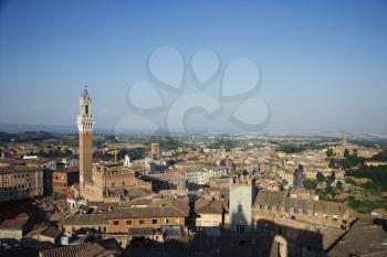 High angle view of Piazza del Campo and surrounding buildings in Siena, Italy. Horizontal shot.