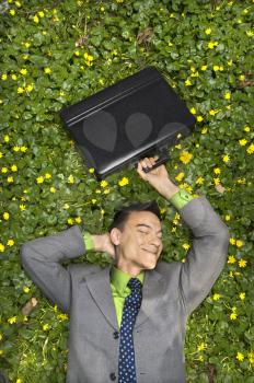 Young businessman holds his briefcase above his head and smiles while lying in a bed of flowers. Vertical shot.