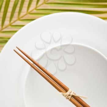 Overhead view of chopsticks lying across an empty bowl on top of a plate. The dishes are white, and there is a palm frond in the background. Square format.