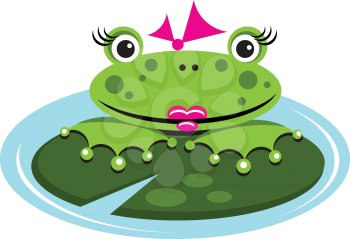 Royalty Free Clipart Image of a Female Frog in a Pond on a Lily Pad