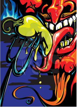 Royalty Free Clipart Image of a Devil Eating a Jalapeno Pepper From His Pitchfork