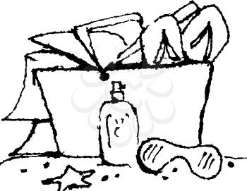 Royalty Free Clipart Image of a Picnic Basket with Beach Apparel