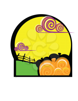 Royalty Free Clipart Image of a Agricultural Scene With a Fence and a Pumpkin