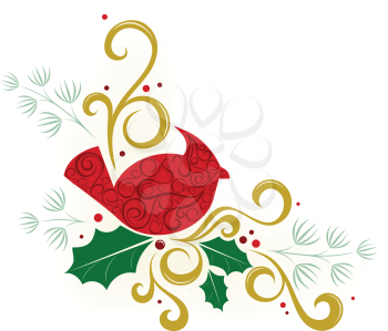 Royalty Free Clipart Image of A Christmas Cardinal, Holly And Pine In A Corner
