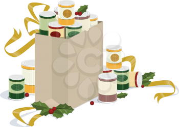 Royalty Free Clipart Image of a Bag of Canned Goods for Christmas Giving