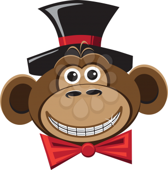 Royalty Free Clipart Image of a Smiling Monkey With Braces, Wearing a Top Hat and Bow Tie 