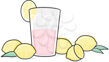 Royalty Free Clipart Image of a Glass of Pink Lemonade and Lemons