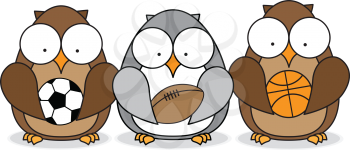 Royalty Free Clipart Image of Owls With Sporting Balls
