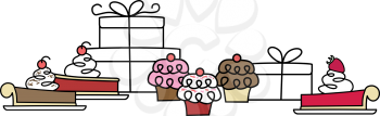 Royalty Free Clipart Image of Desserts and Gifts