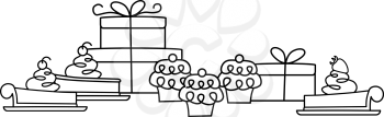 Royalty Free Clipart Image of Pies, Gifts and Cupcakes