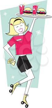 Royalty Free Clipart Image of a Girl in Roller Skates With Food