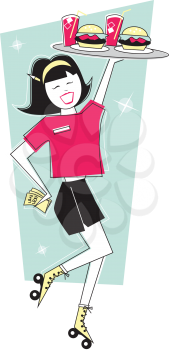 Royalty Free Clipart Image of a Girl in Roller Skates With a Tray of Food