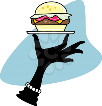 Royalty Free Clipart Image of a Gloved Hand Holding a Burger