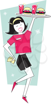 Royalty Free Clipart Image of a Girl With a Tray of Food