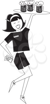 Royalty Free Clipart Image of a Waitress With a Tray of Beers