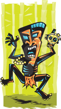 Royalty Free Clipart Image of a Tiki Man With a Skull