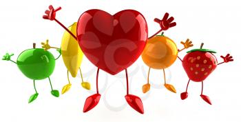 Royalty Free Clipart Image of a Heart and Fruit Cheering