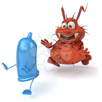 Royalty Free Clipart Image of a Germ Chasing a Condom