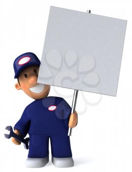 Royalty Free Clipart Image of a Mechanic With a Sign