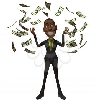 Royalty Free 3d Clipart Image of an African American Businessman With Money Raining Down Around Him