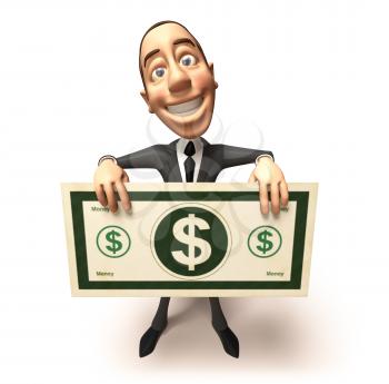 Royalty Free 3d Clipart Image of a Businessman Holding a Large Dollar Bill